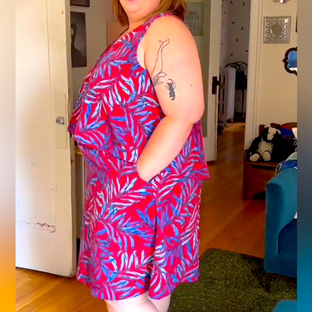 Two-Tiered Tropical Print Dress with Tie Neck